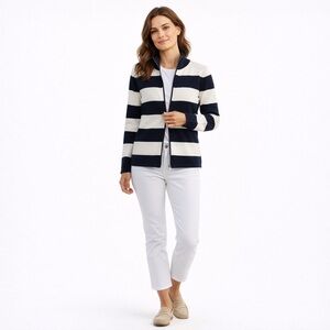 Tommy Hilfiger Womens Navy Cream Striped Zip Sweater Large Nautical Preppy Chic